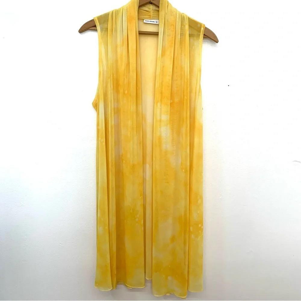 Susan Graver Open Front Vest Kimono XS Yellow Draped Ruched Yellow Tie Dye Boho